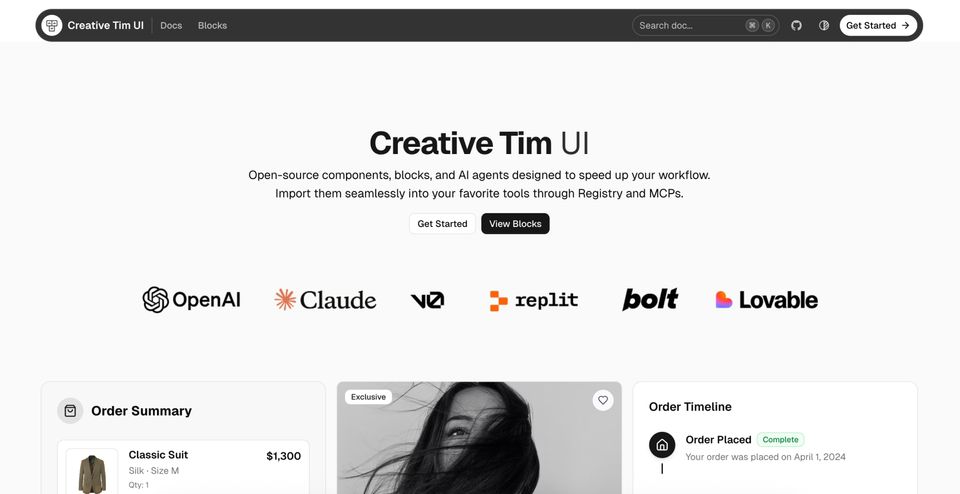 Creative Tim UI -  shadcn/ui blocks ready for v0, Lovable, Replit, Claude, and more.